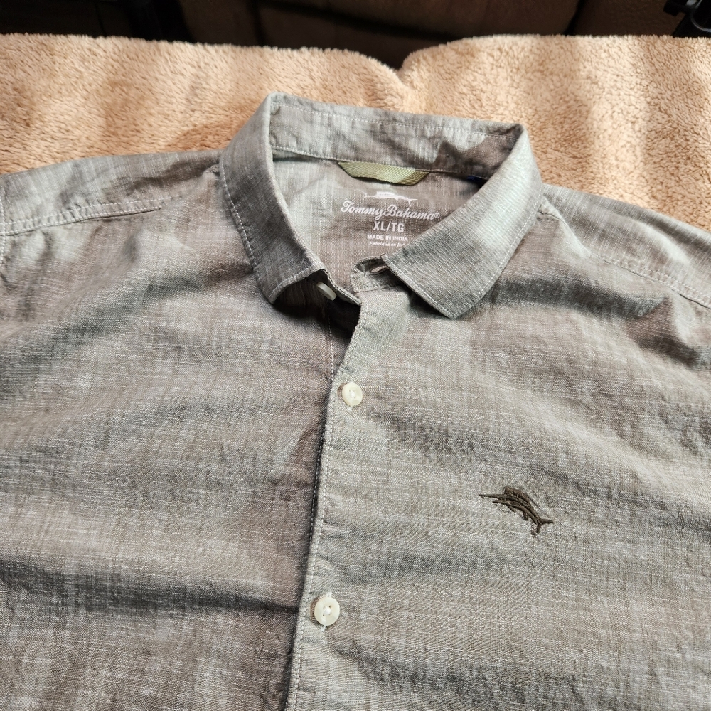 Tommy Bahama Gray Button Down Shirt 100% Cotton SS Logo Shirt XL/TG